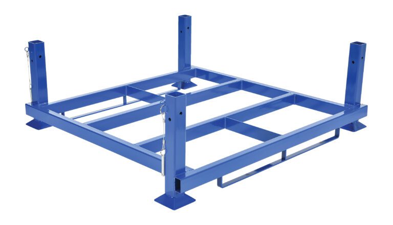 The Vestil Internestable Portable Rack Base 48 X 48 is a blue metal pallet rack with four vertical posts, an open central frame, and base supports. Perfect for warehouse storage, it provides a sturdy platform for heavy items and includes safety pins on each post.