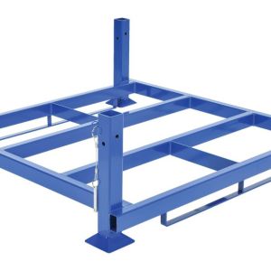 The Vestil Internestable Portable Rack Base 48 X 48 is a blue metal pallet rack with four vertical posts, an open central frame, and base supports. Perfect for warehouse storage, it provides a sturdy platform for heavy items and includes safety pins on each post.