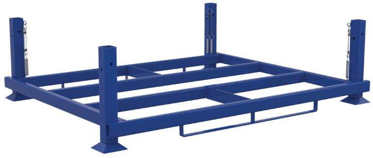 BASE-6048_A.jpg The Vestil Internestable Portable Rack Base 60 X 48, a blue metal frame with four upright posts and support beams, boasts an industrial design perfect for warehouse stacking. At present, it holds no items.