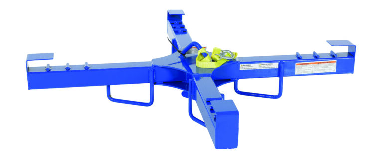 BBL-4_A.jpg The Vestil Bulk Bag Lifter is a blue metallic, cross-shaped lifting attachment with hooks and handles. It includes a yellow strap on top and visible safety labels and instructions on the sides.