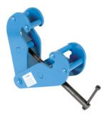 The Vestil Beam Clamp Horizontal Lift Style 10K lb is a heavy-duty, blue industrial beam clamp with a threaded screw handle, featuring a U-shaped body and two large blue cylindrical rollers for secure gripping.