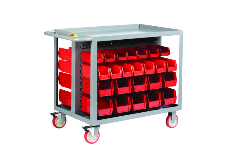 The Little Giant Bin Cart is a gray utility cart with removable red bins on four rows per side for efficient storage. It has caster wheels for easy mobility and a flat top surface, offering practical versatility.