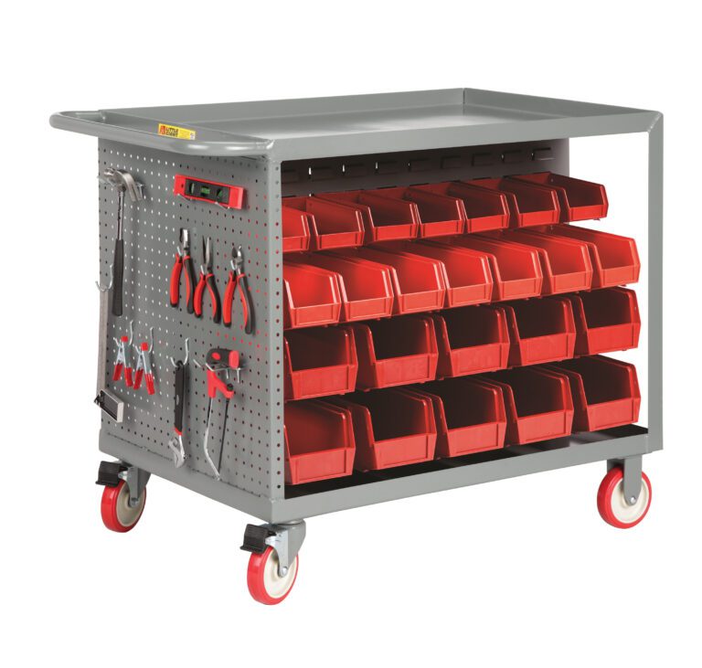 The gray Little Giant Bin Cart with Pegboard Tool Storage features multiple red storage bins, red wheels, and side panels equipped with tools like pliers and a screwdriver set, providing a sturdy design for organizing and transporting tools.
