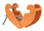 The Vestil Beam Clamp Horizontal Lift Style 2K Lb is a durable steel clamp in orange, featuring a screw handle and symmetrical semi-circular jaws, designed for securely attaching loads to beams or structures.