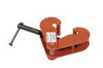 The Vestil Beam Clamp Horizontal Lift Style 4K Lb is a red metal clamp designed for horizontal lifts up to 4,000 lbs, featuring two curved arms, a screw mechanism with a black handle, and labeled on the top arm for easy identification.