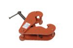 The Vestil Beam Clamp Horizontal Lift Style, designed for a 6K lb load, is an orange steel clamp with a screw handle for securing attachments. It features sturdy construction and a simple mechanism, but the label text is slightly illegible.