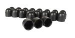 A package of Vestil Black Plastic Bolt Caps 3/4 inch is neatly arranged in rows, showcasing some upright while others display their hollow interiors and hexagonal openings. These caps feature a sleek, rounded dome shape, merging form with function.