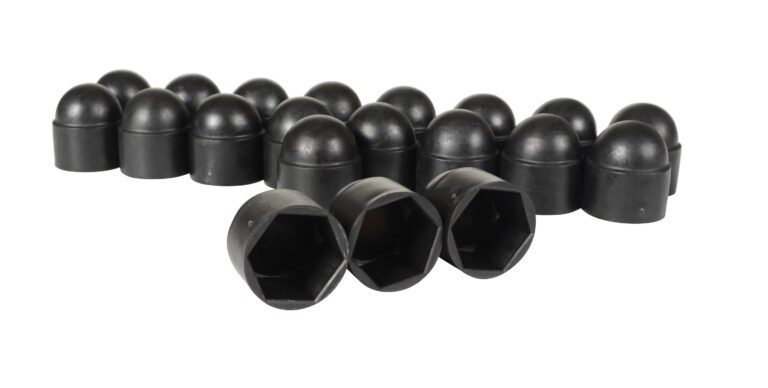 A package of Vestil Black Plastic Bolt Caps 3/4 inch is neatly arranged in rows, showcasing some upright while others display their hollow interiors and hexagonal openings. These caps feature a sleek, rounded dome shape, merging form with function.