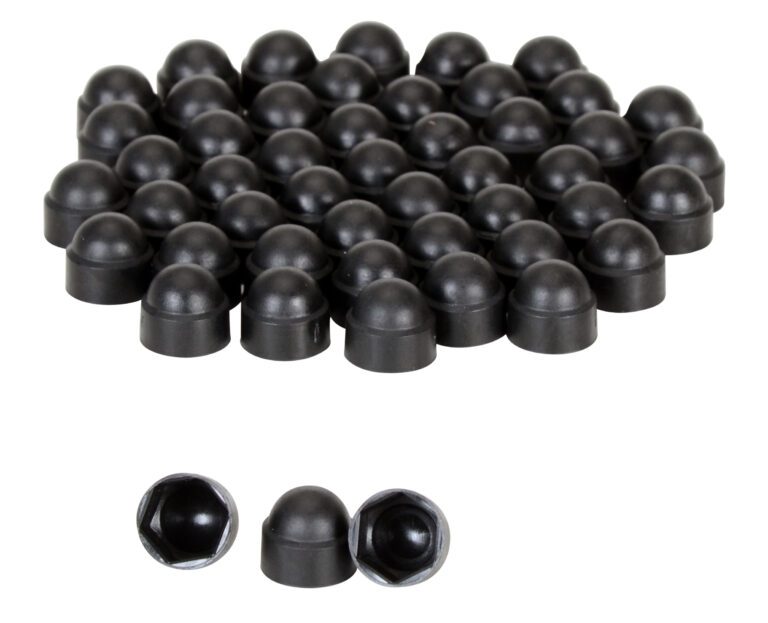 BC-BK-38-PK_A.jpg The Vestil Black Plastic Bolt Caps Package 3/8 In is displayed in a circular pattern, with two caps at the front showing both top and bottom views.