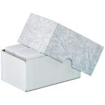 An open white box from the MH-USA 3 3/4 x 2 1/4 x 1 3/4 Stationery Set-Up Cartons (100/Case) contains plain white envelopes, with a lid partially removed to show a subtle gray abstract pattern.