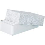 A partially opened MH-USA 7 x 3 1/2 x 2 Stationery Set-Up Carton reveals a stack of cards inside. The white cardboard box features a textured pattern and is set against a plain white background.