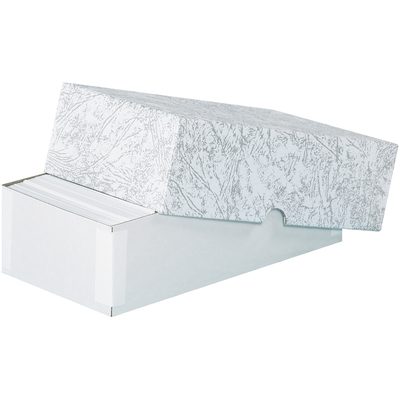 BC2.jpg A partially opened MH-USA 7 x 3 1/2 x 2 Stationery Set-Up Carton reveals a stack of cards inside. The white cardboard box features a textured pattern and is set against a plain white background.