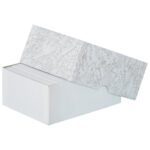 The MH-USA 4 3/4 x 3 1/2 x 2 stationery set-up carton, with a white design and subtle gray abstract lid pattern, offers both functionality and style by elegantly displaying folded tissues inside.