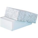 A stack of white index cards protrudes from an open MH-USA 6 x 3 1/2 x 2 Stationery Set-Up Carton, showcasing a subtle abstract pattern. The plain white box rests against a seamless white backdrop.