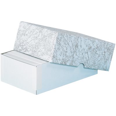 BC5.jpg A stack of white index cards protrudes from an open MH-USA 6 x 3 1/2 x 2 Stationery Set-Up Carton, showcasing a subtle abstract pattern. The plain white box rests against a seamless white backdrop.