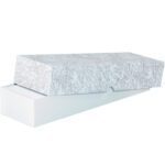 A partially open, white, rectangular box with a textured lid shows its two-piece construction and sharp edges. The MH-USA 12 x 3.5 x 2 stationery set-up carton (100/Case) features a subtle gray branch-like pattern on the lid.