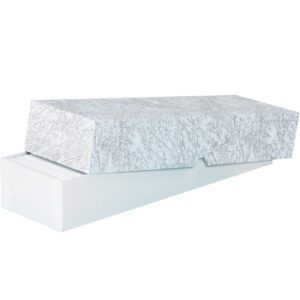 A partially open, white, rectangular box with a textured lid shows its two-piece construction and sharp edges. The MH-USA 12 x 3.5 x 2 stationery set-up carton (100/Case) features a subtle gray branch-like pattern on the lid.