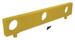 A Vestil Plastic Barricade Height Extension 12 In in yellow, rectangular form features two protruding pegs and three large circular holes, with a small black clip in front on a white background.