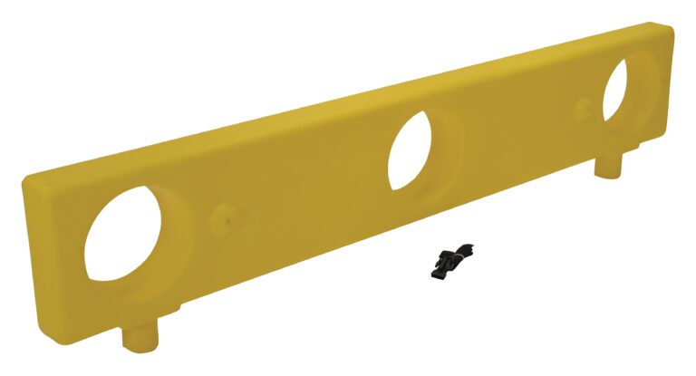 A Vestil Plastic Barricade Height Extension 12 In in yellow, rectangular form features two protruding pegs and three large circular holes, with a small black clip in front on a white background.