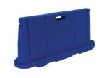 The Vestil Stackable Poly Barricade Blue boasts a durable plastic build with a sturdy base and molded handle. Its rectangular shape and vertical ridges enhance strength, while the stackable design maximizes storage efficiency.