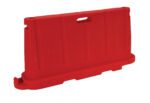 The Vestil Stackable Poly Barricade Red is crafted from red plastic with vertical grooves and a handy top handle cutout. Its rectangular base offers excellent stability, perfect for effective traffic control.