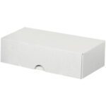 An MH-USA 7 x 3 1/2 x 2 stationery folding carton with a small semi-circular cutout rests elegantly against a white backdrop.