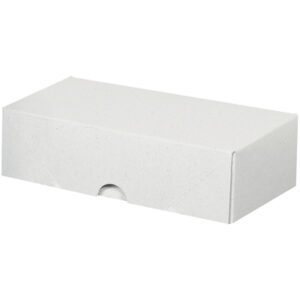 An MH-USA 7 x 3 1/2 x 2 stationery folding carton with a small semi-circular cutout rests elegantly against a white backdrop.