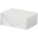 A plain white MH-USA Stationery Folding Carton, 4 3/4 x 3 1/2 x 2, is shown against a white background. It features a closed lid with a small semicircular cutout for easy opening.