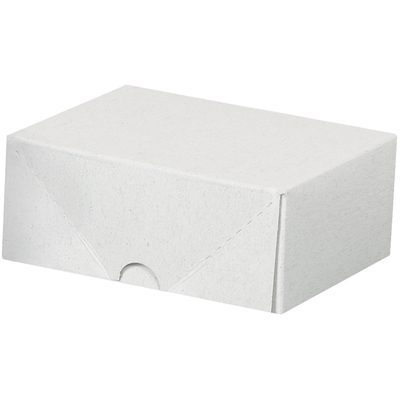 BCF23.jpg A plain white MH-USA Stationery Folding Carton, 4 3/4 x 3 1/2 x 2, is shown against a white background. It features a closed lid with a small semicircular cutout for easy opening.