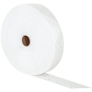 A large roll of white textured tape with a perforated strip partially unrolled sits beside a case of 375 MH-USA 5 1/2 x 5 1/2 Bubble Corner Guards. The tape, cylindrical with a central brown core, features a subtle diamond pattern.