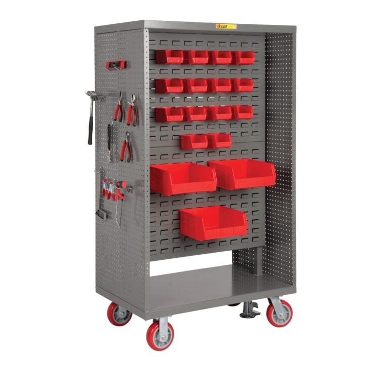 The Little Giant 5S Lean Cart is a gray, wheeled tool cart with perforated panels, featuring red storage bins on the front and slots for hand tools like pliers and screwdrivers on the sides. It offers easy mobility thanks to its four red-rimmed wheels.