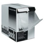 A cardboard box labeled MH-USA 1/2 x 24 x 50 Bubble Dispenser Pack (50/Case) reveals a partially pulled-out roll of bubble wrap, designed for easy access and use.