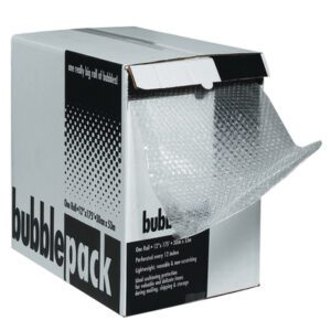 The MH-USA 3/16 x 12 x 175 Bubble Dispenser Pack (175/Case) dispenses from a sleek white and black bubble pack box, which is partially unrolled. The box displays details on size and perforation intervals for convenience.