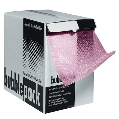 BD31612AS.jpg The MH-USA 3/16 x 12 x 175 Anti-Static Bubble Dispenser Pack features pink bubble wrap with an easy-dispense piece, providing efficient protection for your items with 175 feet per case.