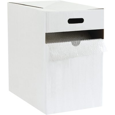 BDAD31612.jpg The cardboard storage box with a front cutout handle partly shows an MH-USA 3/16 x 12 x 175 Adhesive Air Bubble Dispenser Pack, highlighting the packaging solution against a plain white background.