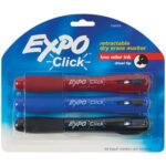 The Expo Retractable Dry Erase Markers - 3 PER CASE feature three vibrant colors (red, blue, and black) with chisel tips and low odor ink. The retractable markers packaging displays details and the logo in the top left corner.