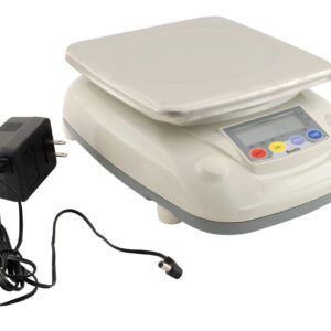 The Vestil Weighing Parts Scale, with a stainless steel platform and button control panel, includes a detachable power adapter and has a 26 lb capacity for precise measurements.