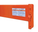 An orange forklift attachment designed for use with the Vestil Pallet Racking Step Beam 5000 Lb 10 Ft features a label in English and Spanish, warnings, usage instructions, and a metal hook with a lock mechanism supporting up to 5000 lbs for easy lifting.