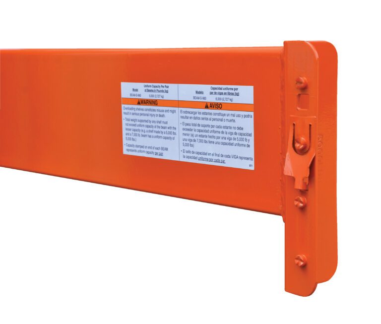 BEAM-S-970_A.jpg Close-up of the Vestil Pallet Racking Step Beam 7000 Lb 9 Ft, highlighting its orange color, safety warning label in English and Spanish, and a flat metal end with a mounting hole.