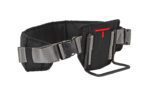 The Vestil Package Carrier Belt 5L X 26W X 6.5H is a black and gray adjustable padded belt with a red T on its front panel, featuring two side fasteners and a bottom metal loop for utility or ergonomic support.