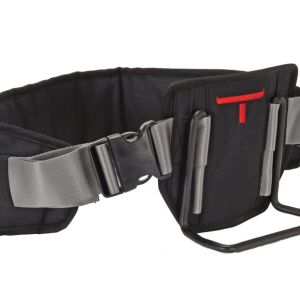 The Vestil Package Carrier Belt 5L X 26W X 6.5H is a black and gray adjustable padded belt with a red T on its front panel, featuring two side fasteners and a bottom metal loop for utility or ergonomic support.