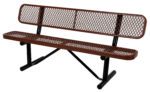 The Vestil Bench Expanded Metal 72 Brown features a 72-inch brown mesh design with a latticed backrest and seat, all resting on two sturdy black legs supported by a black frame.