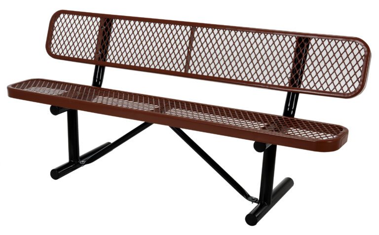 The Vestil Bench Expanded Metal 72 Brown features a 72-inch brown mesh design with a latticed backrest and seat, all resting on two sturdy black legs supported by a black frame.