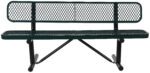 The Vestil Bench Expanded Metal 72 Green is a long outdoor bench with a mesh design, featuring a straight backrest and no armrests. It boasts sturdy black metal legs, making it perfect for parks or gardens.