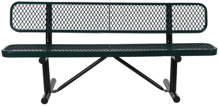 The Vestil Bench Expanded Metal 72 Green is a long outdoor bench with a mesh design, featuring a straight backrest and no armrests. It boasts sturdy black metal legs, making it perfect for parks or gardens.