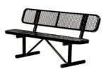 The Vestil Bench Expanded Metal 96 Black boasts a sleek mesh design on the backrest and seat, supported by two durable legs. Its modern elegance is highlighted by its isolation on a white background.