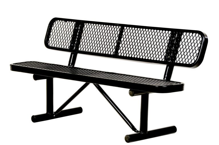 The Vestil Bench Expanded Metal 96 Black boasts a sleek mesh design on the backrest and seat, supported by two durable legs. Its modern elegance is highlighted by its isolation on a white background.