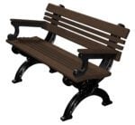 The Vestil Bench Cambridge With Arms is a 48 bench featuring a dark brown cambridge seat and backrest with three slats, supported by ornate black metal arms and legs. This elegant design combines style, durability, and function, making it ideal for scenic views.