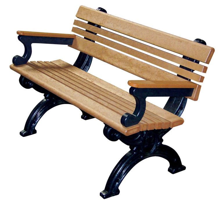 The Vestil Bench Cambridge With Arms 48 BK Frame Cedar Seat features a 48 black frame with a cedar slatted backrest and seat, complemented by sleek metal armrests and legs, making it a sturdy yet decorative addition to any outdoor setting.