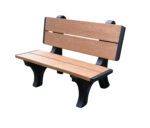 Introducing the Vestil Bench Deluxe Backed 2848 with a cedar seat and straight backrest, elegantly supported by black legs. This modern bench blends sturdy construction with clean lines and contrasting materials beautifully against a white backdrop.